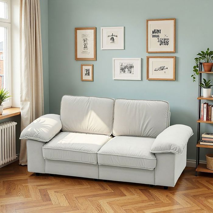 Canapé-lit 2 places - Convertible velours blanc - Rangement sous lassise - Cadre bois deucalyptus - Coussins mousse HR