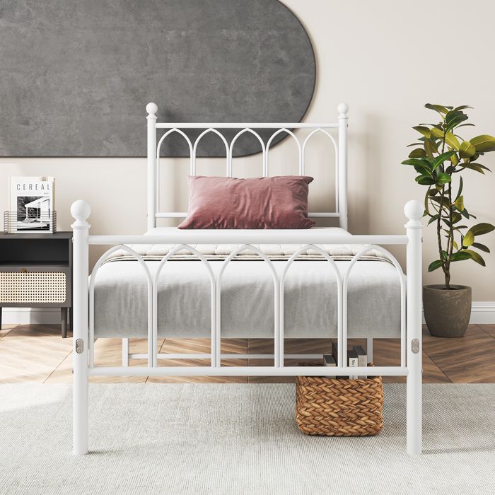 BELLEMAVE Cadre de Lit Métallique 90×200cm - avec tête de lit grand espace de rangement sous le lit - Lattes de Soutien - Blanc