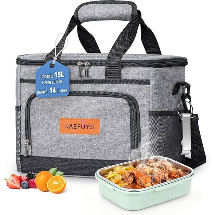 Sac Isotherme Repas 15L Glaciere Souple Isotherme Sac Lunch Bag Isotherme Hommes Femmes Portable Imperméable pour Gris 15 LUNCH BOX