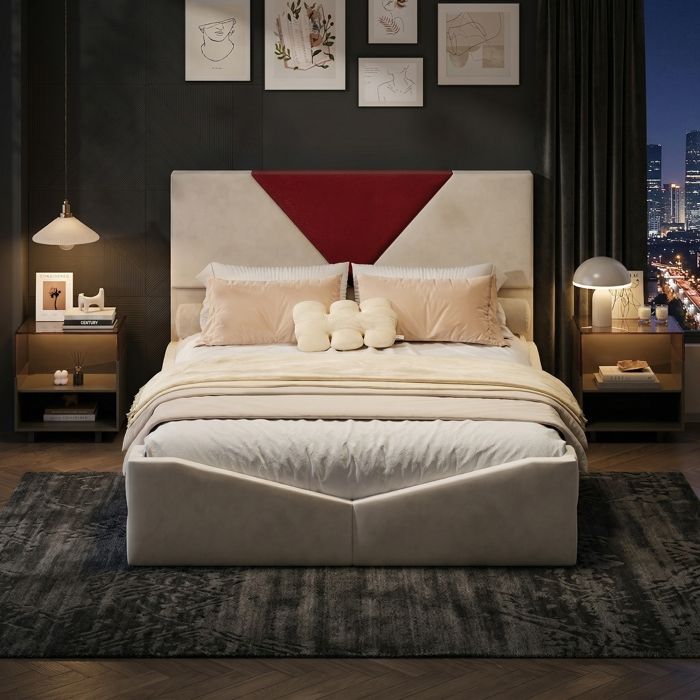 Lit 140x200cm lit Double rembourré avec 4 tiroirs et tête de lit de lit 2 Personnes pour Adultes et Adolescents Beige flanelle
