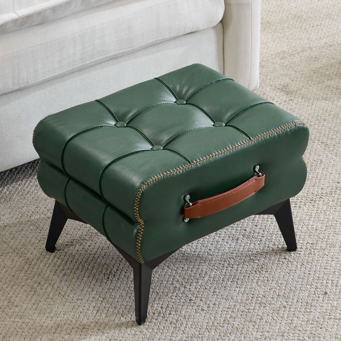 Tabouret Capitonné Portatif en Similicuir Vert avec Pieds en Métal - Repose-Pied Multifonctionnel - Style Épuré pour Maison