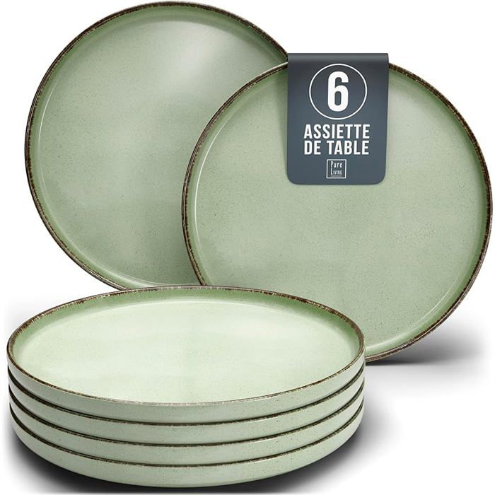 6x Grandes assiettes en grès Rustic - Assiettes de table modernes résistantes au lave-vaisselle - Set Vert assiette plate