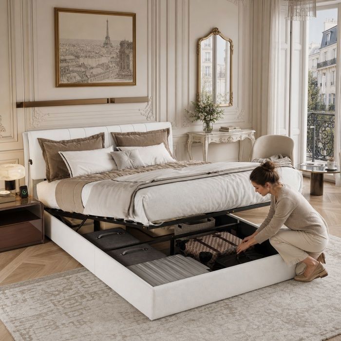 Lit double confortable 140x200 polaire teddy beige coffre rangement USB tête de lit sommier à lattes chambre adulte adolescent