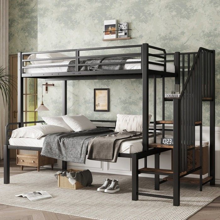 Lit superposé fer enfant échelle placard rangement 90x200cm & 120x200cm noir+vintage bois