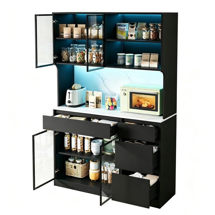 Buffet Cuisine avec LED Grand Espace de Rangement Étagères Réglables Armoire haute vitrine buffet 120x40x180cm Blanc