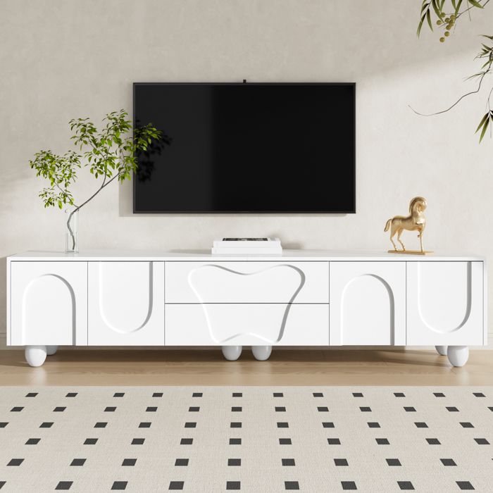 Meuble TV bas 180 cm avec tiroirs et compartiments pieds en bois massif panneau de particules finition mate blanc