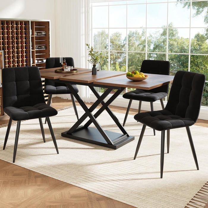 Ensemble Table à Manger -120-160×80×75cm – Table a Manger avec 4 chaises - Walnut Plateau Extensible en MDF - Chaise en Velours Noir