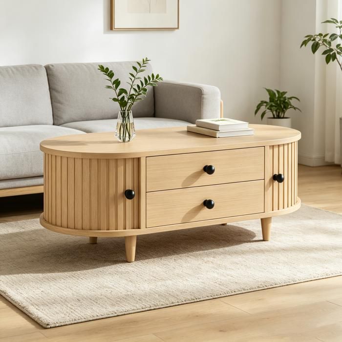 Table basse ovale avec portes coulissantes et 2 tiroirs table de salon avec espace de rangement  100×50×36cm Natural