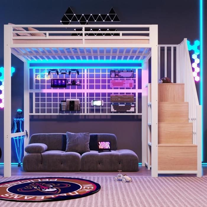 Lit mezzanine - KOMHTOM - 90 x 200 cm - 1 place - Armoire échelle et LED 7 couleurs