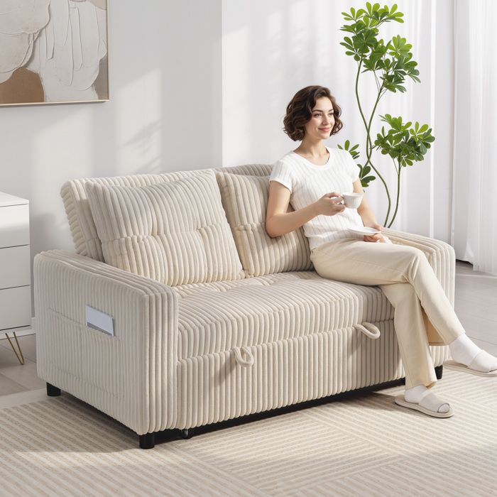 Canapé convertible 2 places canapé-lit en velours côtelé 157x190cm dossier réglable poches latérales et 2 coussins crème