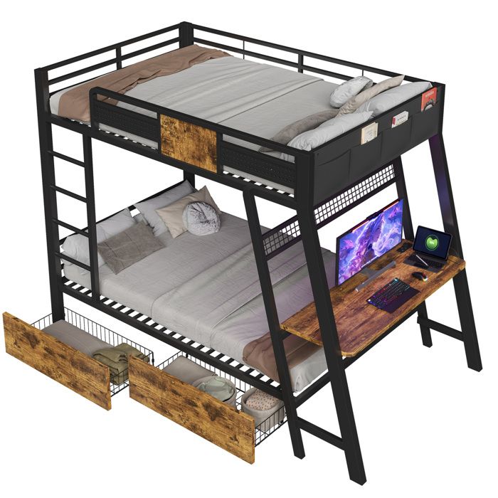 lit superpose 90 x 200 cm SENVIRO en metal noir bureau gaming integre USB Type C LED 2 paniers rangement