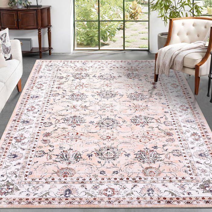 Tapis classique vintage oriental lavable antidérapant anti-salissure salon chambre salle manger rose 160×230cm