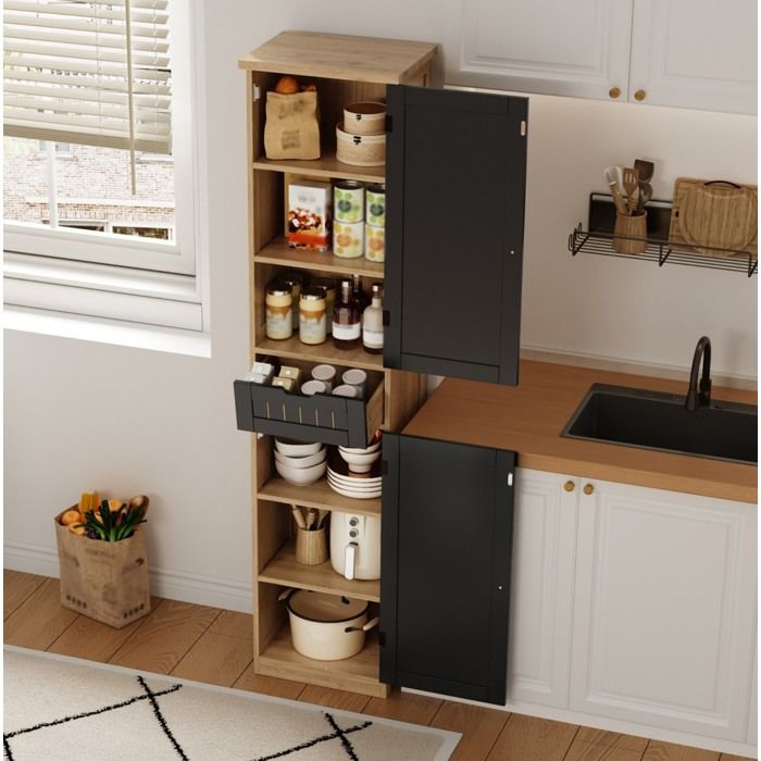 Colonne Cuisine MDF Noir Naturel Meuble Rangement Vintage FloraGrace Pour Cuisine Ou Salon Étagères Réglables 40x30x170cm