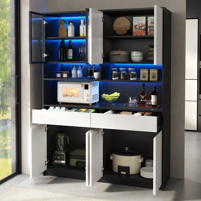 Buffet Haut Blanc Noir 120x38x160cm Vitrine LED Contrôlable App Étagères Réglables Meuble Rangement Exposition Salon Design Moderne Buffet Haut Blanc Noir 120x38x160cm Vitrine LED Contrôlable App Étagères Réglables Meuble Rangement Exposition Salon Design Moderne
