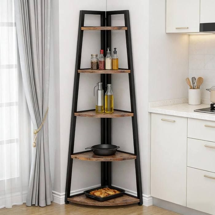 Etagere D Angle 5 Niveaux Noir Marron Rustique Bibliotheque De Coin FloraGrace Pour Salon Et Bureau Gain De Place 66x66x178cm