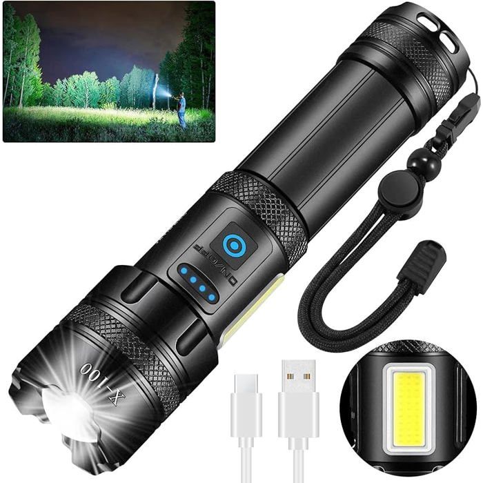 Lampe Torche LED Ultra Puissante 1000000 Lumens de Poche Rechargeable Étanche IPX7 7 Modes écirage avec Noir noir LAMPE ELECTRIQUE