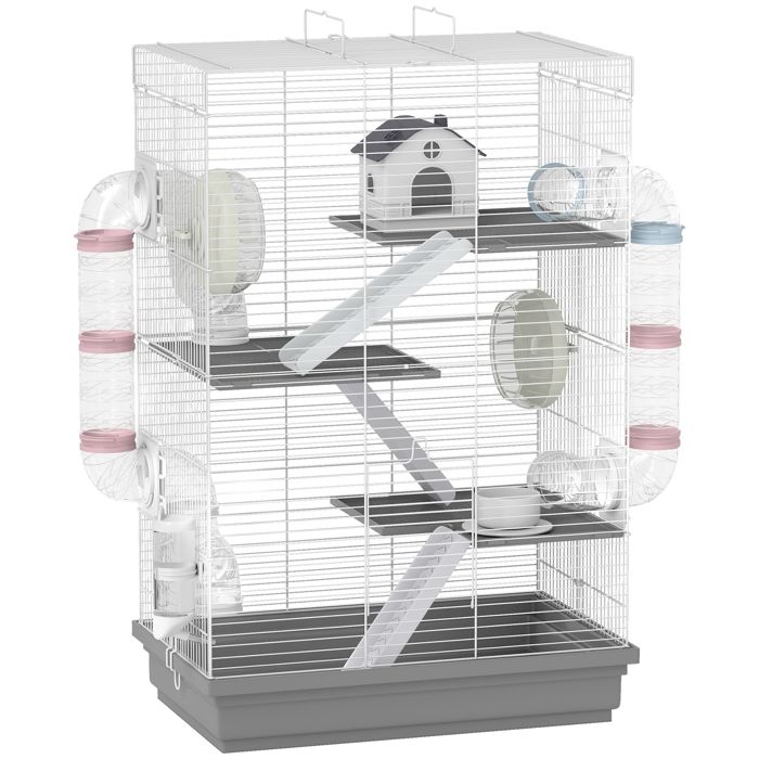 FSX Cage pour hamsters à 4 niveaux et 16 tubes avec maison rampe et accessoires en métal et plastique 47x30x70 cm gris