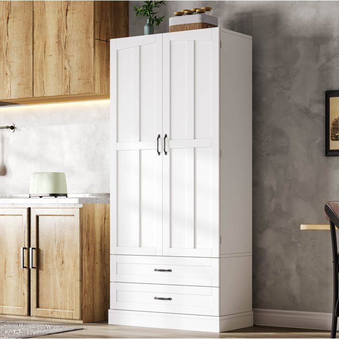 Armoire de cuisine colonne blanche en MDF avec 3 étagères coulissantes 2 tiroirs et double porte