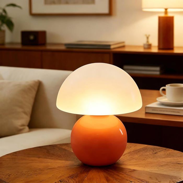 Lampe de table LED - Lampe champignon design en verre soufflé et céramique 3 couleurs avec USB pour chambre et salon (Orange)