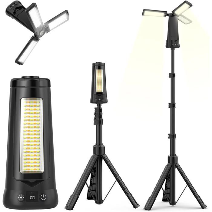 Projecteur De Chantier Avec Trépied 12000Mah Rechargeable Lampe De Camping Led À 3 Têtes 5000Lm 6500/4500/3500K Réglable & 5[CA72]