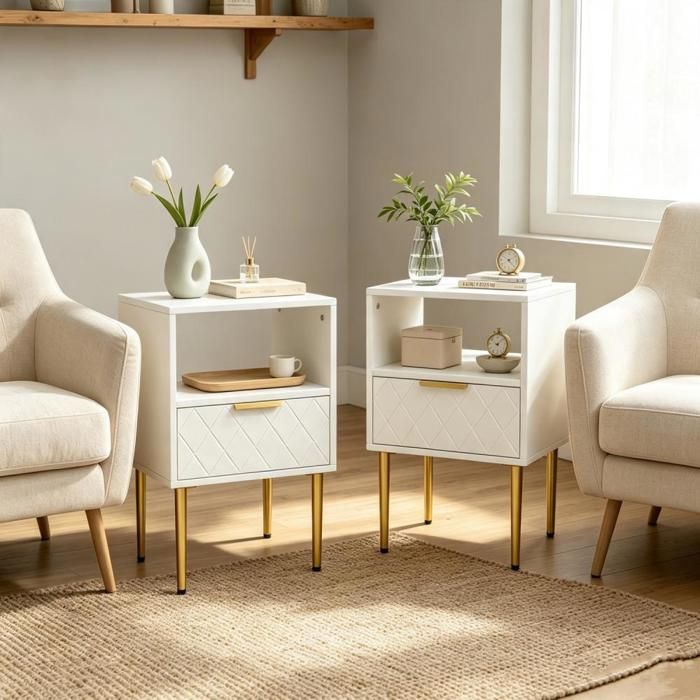 PIPIPOXER Lot de 2 tables de chevet motif losange pieds métal doré tiroir étagère chevets coordonnés modernes pour chambre