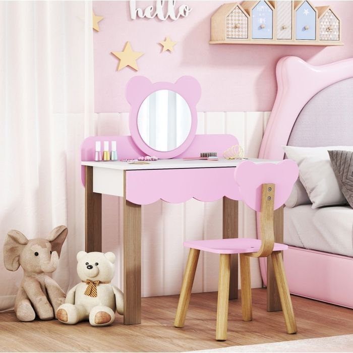 Coiffeuse enfant avec tabouret miroir ours tiroir de rangement rose MDF 3-8 ans FOLYNA