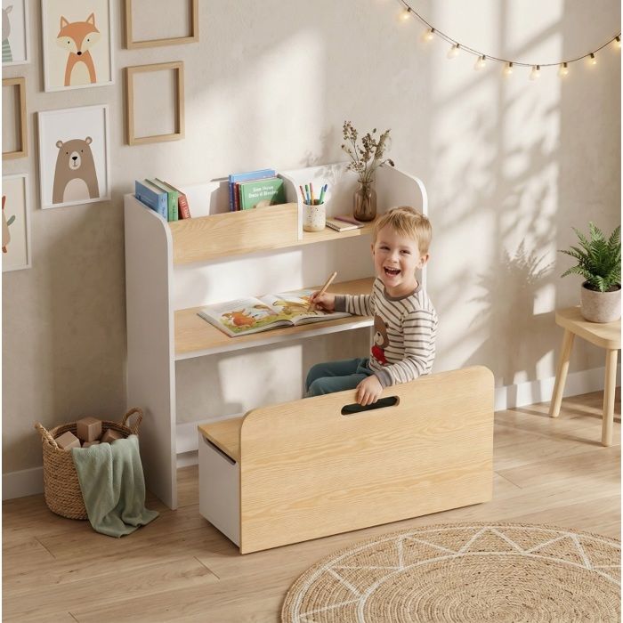 WUVRIE Bureau enfant 5-en-1 avec bibliothèque banc de rangement et boîte blanc effet bois
