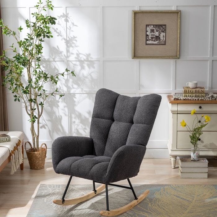 Fauteuil à Bascule - 65x77x90cm - Fauteuil Rocking Chair Tissu Bouclette Teddy avec Poche et Pieds Bois Massif - Gris