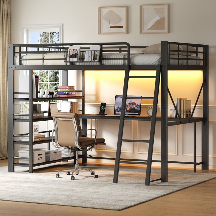 Lit mezzanine 2 places 140x200 cm avec bureau étagère 4 niveaux panier de rangement LED et station de charge USB métal noir