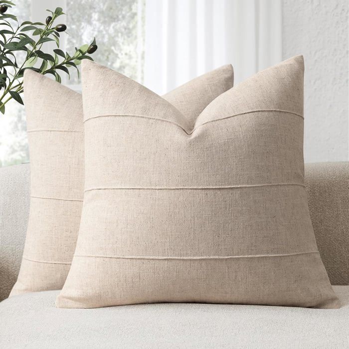 Housse de coussin en lin lavable Lot de 2 - 50 x 50 cm Beige rayé fermeture éclair invisible