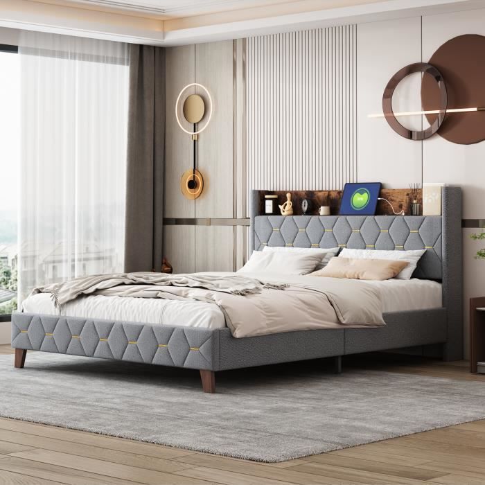 lit capitonné 160 x 200 cm, tête de lit avec port de recharge usb et rangements, tissu velours - aapaas - gris