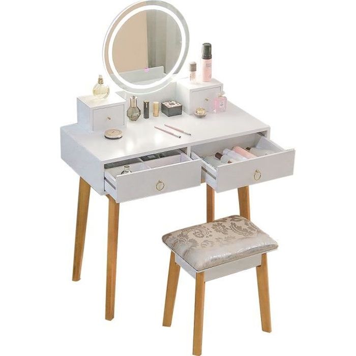 Coiffeuse Miroir Rond LED Table de Maquillage 80 x 40 x 130 cm avec 4  Tiroirs et Tabouret Rembourré - Cdiscount Maison
