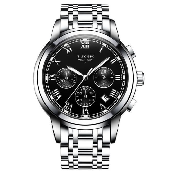 Montre Homme LIGE Acier Inoxydable Chronographe Quartz Sport - Étanche 30M