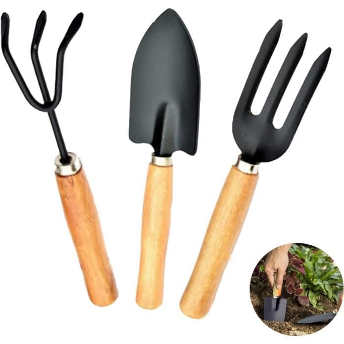Bohrma Kit 6 Mini Outils De Jardinage En Bois Et Acier Inoxydable – Pelle, Rateau, Bêche – Idéal Balcon & Jardin