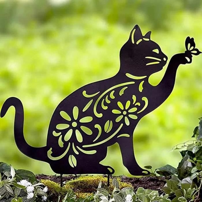 Piquet Décoration Jardin Chat Noir – Lot Statues Métal Extérieur – Ornement Pelouse & Patio Mignon