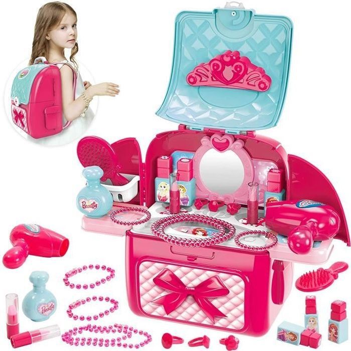 Maquillage Enfant Jouet Fille Coiffeuse Enfant Mallette Beauté Bijoux pour Fille Garçon, Sac à Dos Grande Capacité, Jeu D'Imitation