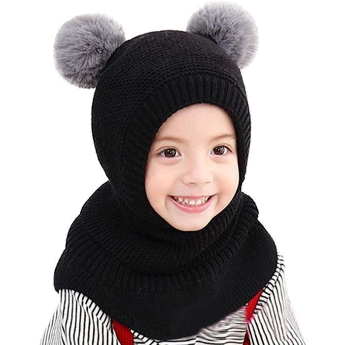 Bonnet bébé,Cagoule Bébé Fille Garçon Mignon Bonnet Echarpe Hiver Chaud  Cache Oreilles Chapeaux Tricoté Enfant Double Pompon,Noir - Cdiscount  Prêt-à-Porter