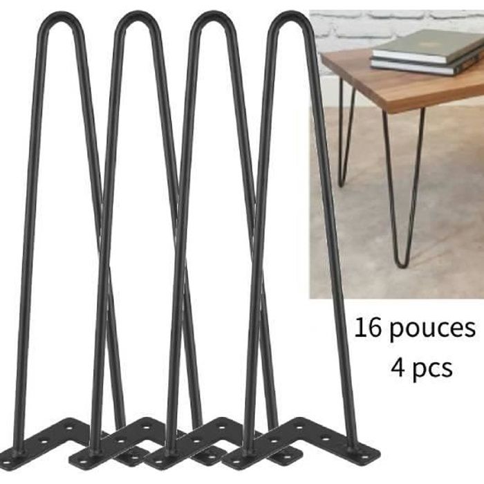 Neekor Lot de 4 pieds de table en épingle à cheveux en métal 40 cm Idéal pour tables basses livrés avec vis et protecteurs de sol bancs chaises bureaux