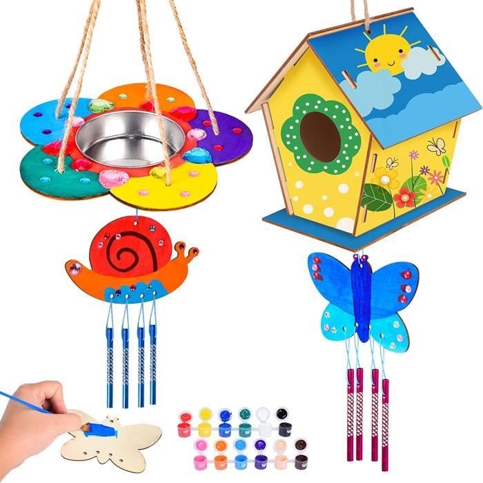 Kit Nichoir à Oiseaux En Bois à Peindre - 4 Modèles, Peinture Et Pinceaux Inclus, Pour Enfants 3+