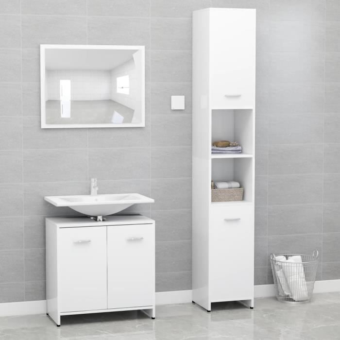 Ensemble de meubles de salle de bain - Blanc - 3 pièces - Aggloméré - Miroir inclus - Durable et élégant