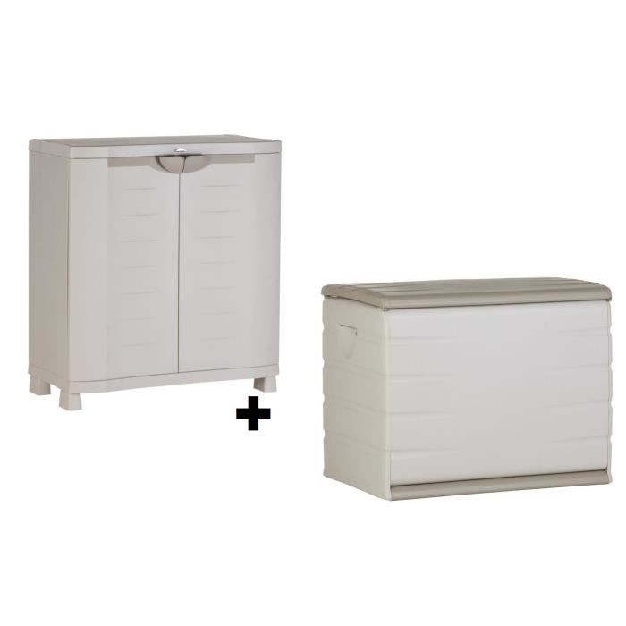 PLASTIKEN Coffre en résine 260L vide et armoire basse de rangement PLASTIKEN Coffre en résine 260L vide et armoire basse de rangement