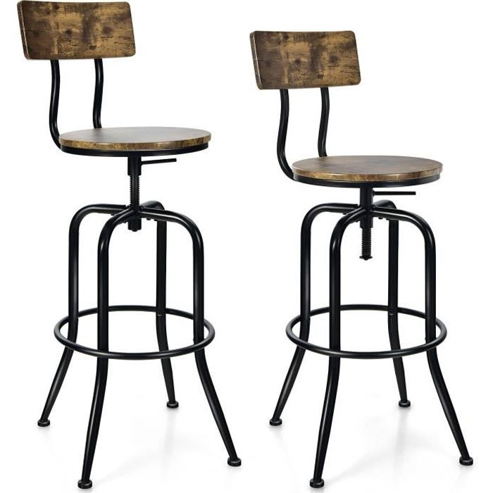 Tabouret de bar industriel à hauteur réglable avec assise bois manguier  inspiré tolix