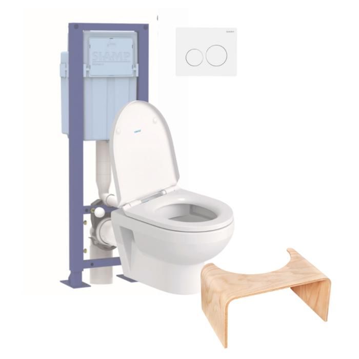 Pack WC suspendu compact sans bride DURAVIT Duravit No.1 abattant + bati support SIAMP + Plaque blanche + tabouret bois Pack WC suspendu compact sans bride DURAVIT Duravit No.1 abattant + bati support SIAMP + Plaque blanche + tabouret bois