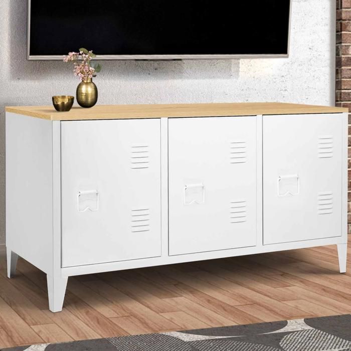 Buffet Blanc 100 Cm 3 Portes 2 Tiroirs Et Plateau Bois - TOBY