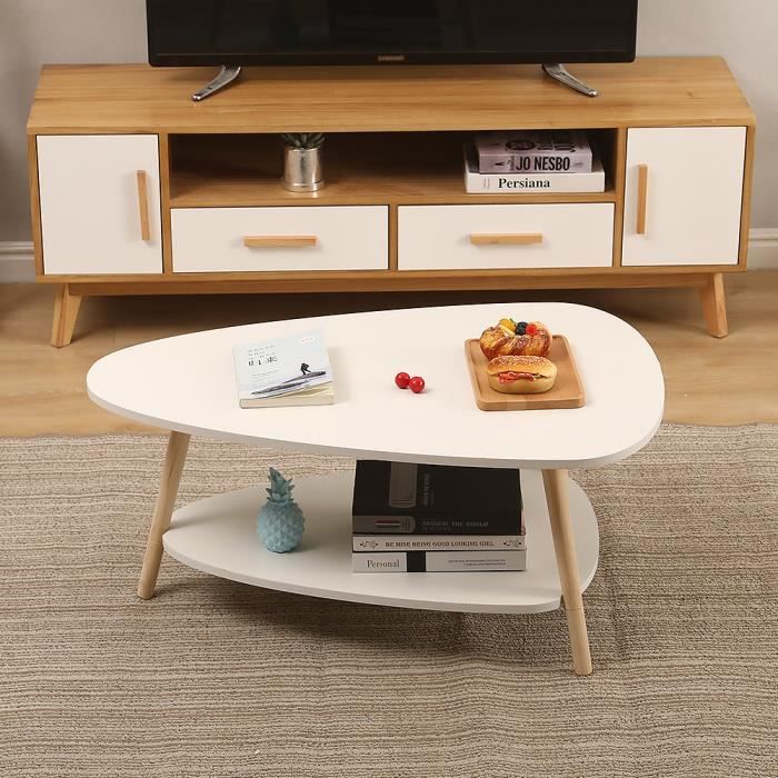 table de canapé d'appoint ovale - kedia - blanc - 90*60*40cm - étagère de rangement à 2 niveaux