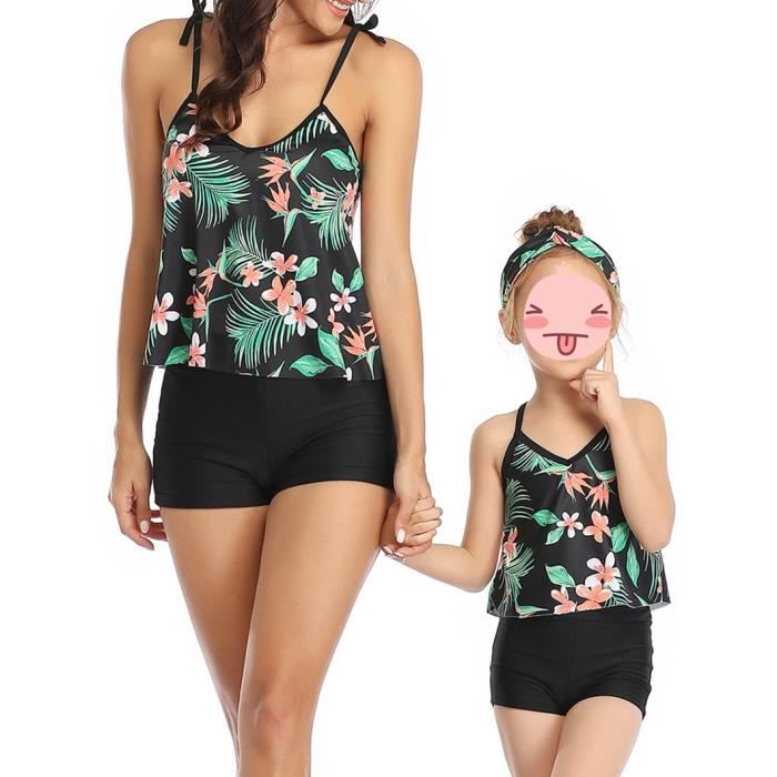 AmzBarley Mère et Fille Maillot de Bain Deux Pièces Ensembles Femme Parent Enfant Costumes Vintage Haut Taille Haute Bikinis