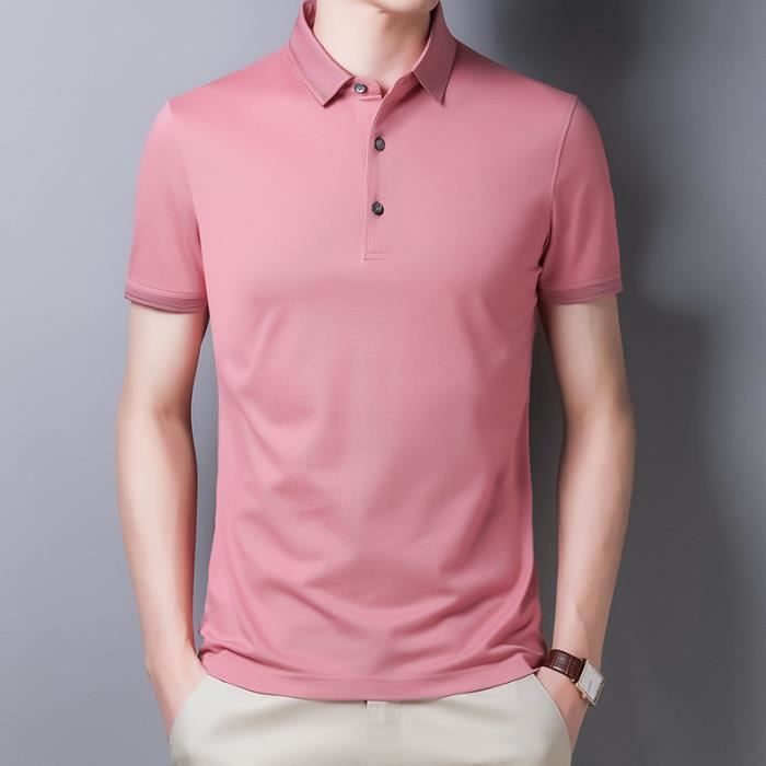 Polo shirt de soie de mûrier Slim à Revers Couleur unie pour Hommes Rose