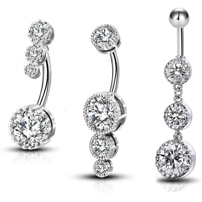 OUFER 3pcs Piercing Nombril en Acier Chirurgical 316L Double Cœur avec CZ Anneau Nombril Piericng Ventre Bijoux Corps