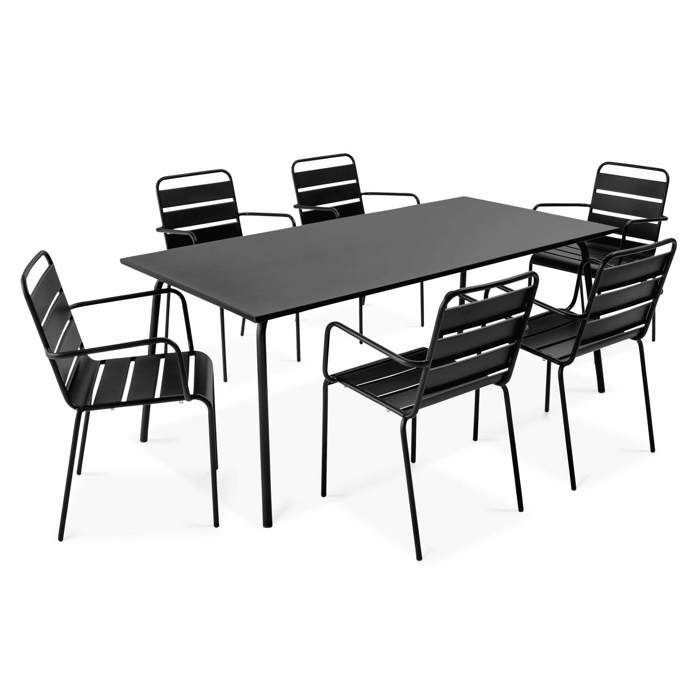 Ensemble table de jardin et 6 fauteuils en métal noir Palavas Oviala
