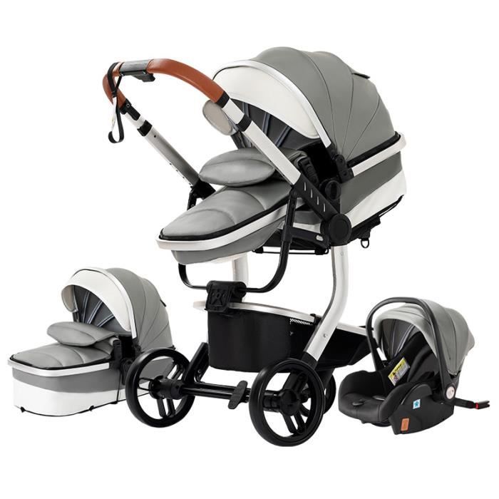 Poussette Bébé Trio Combinée Landau Réversible Grand Luxe Cuir PU Hyper Confort Cadre Alu Robuste Leger Design Gris.swapbuyfr